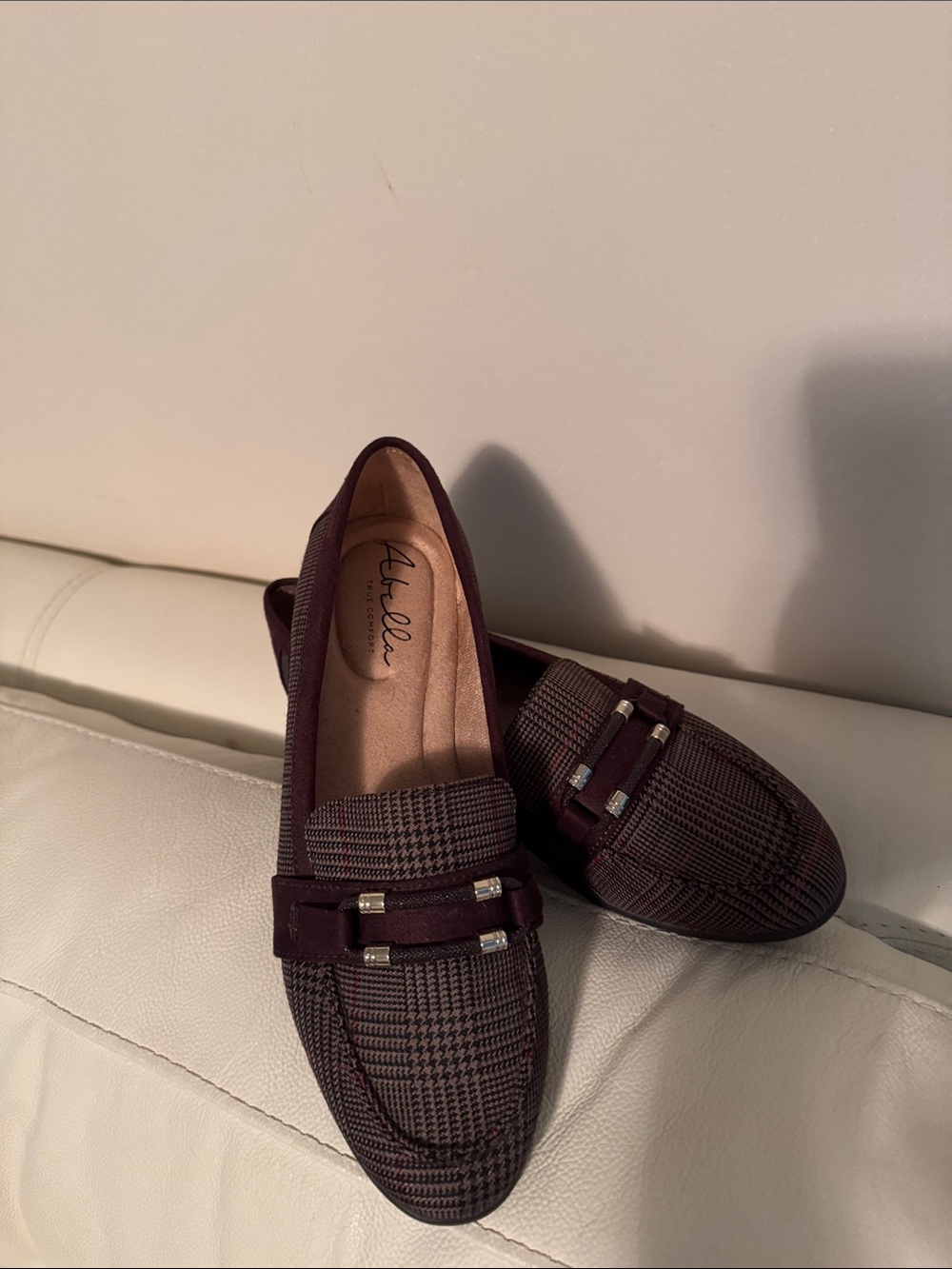 Aurielle Burgundy Plaid Slip-On Loafers with Metal Accent